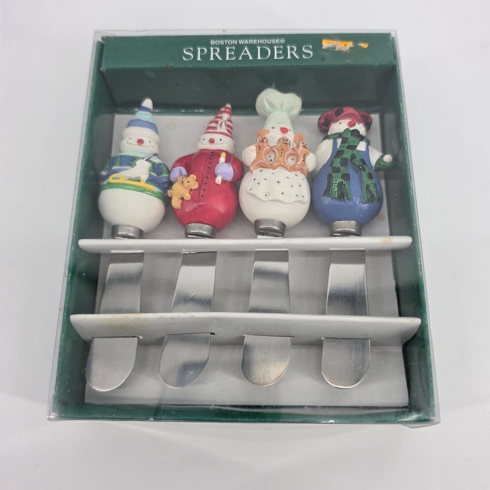 90s Boston Warehouse Snowman Spreaders Set Stainless Steel Resin Christmas VTG